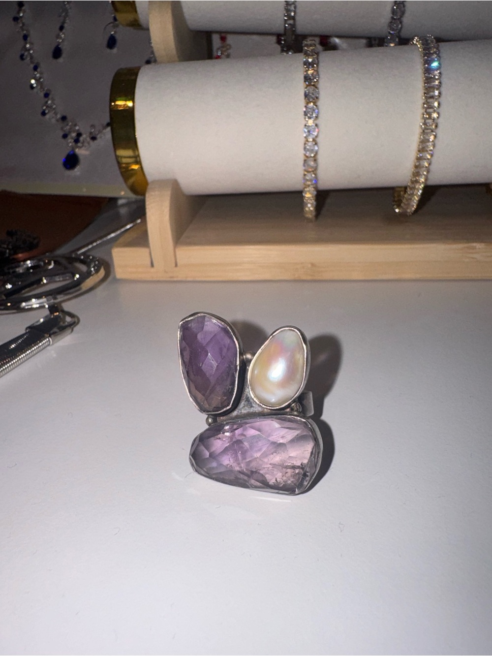Vintage Sterling Silver Amethyst & Pearl Statement Ring - Purple & White